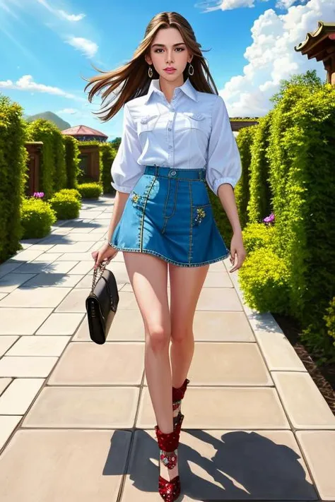 (kristennobodysd15:0.8) beautiful young fashion model walking looking away shirt denim miniskirt flower garden bright light beau...