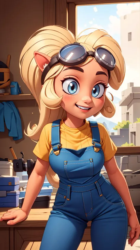 a cartoon girl in overalls and sunglasses standing in a kitchen