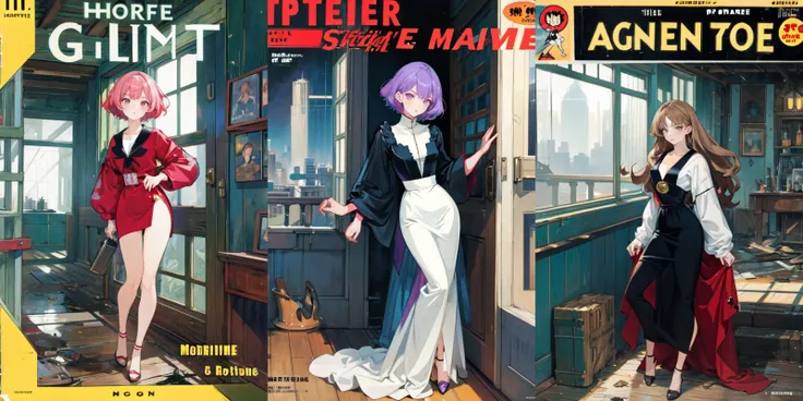 there are three covers of a comic book with a woman in a dress