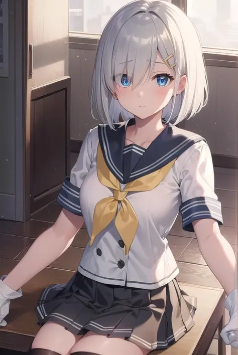 hamakaze, <lyco:hamakaze-lyco-nochekaiser:1>, 
hamakaze, blue eyes, grey hair, hair ornament, hair over one eye, hairclip, short hair, short hair,
BREAK black pantyhose, buttons, gloves, grey sailor collar, grey skirt, hairclip, neckerchief, pantyhose, ple...