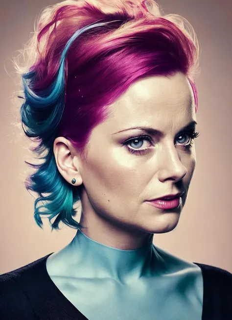 portrait of sks woman by Flora Borsi, style by Flora Borsi, bold, bright colours, rainbow Mohawk haircut, ((Flora Borsi)), <lora:locon_amypohler_v1_from_v1_64_32:1.25>