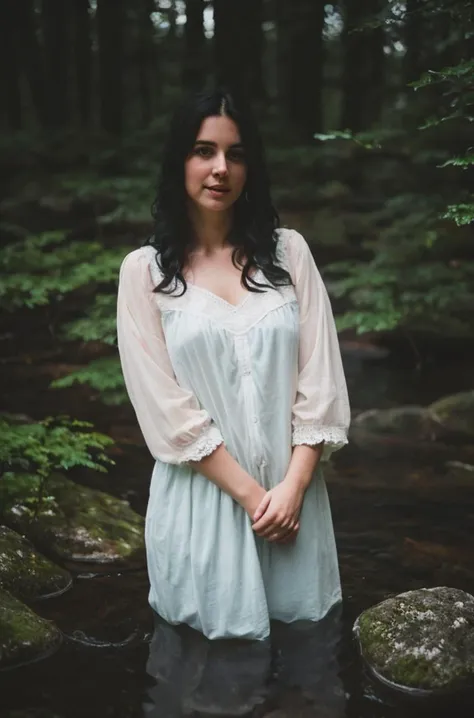 a woman standing in a stream in a forest wearing a white dress