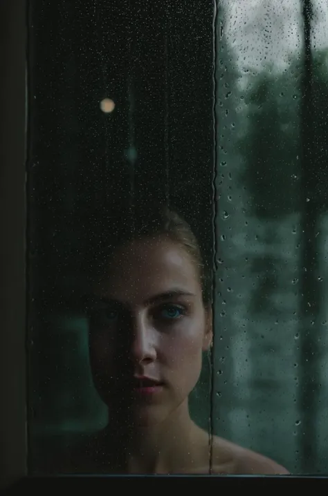 arafed woman looking out a window in the rain