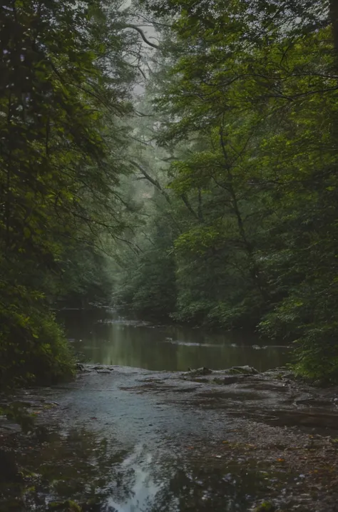 a view of a stream running through a forest filled with trees