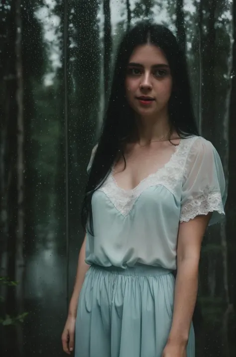 a woman standing in the rain in a forest