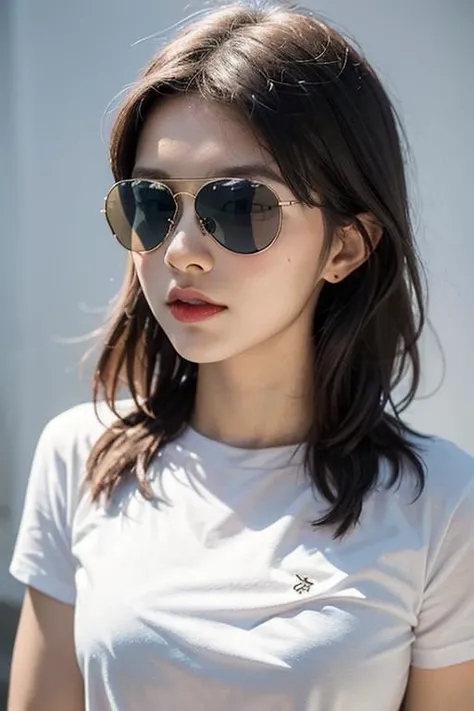 (aviators, tinted sunglasses, reflection),Aviators,edgMarquise hairstyle,Side face,solo,1woman,Upper body,t-shirt,White Wall,masterpiece,CG,super detail,photorealistic,depth of field,blurry,depth of field,8k,UHD,anatomically correct,textured skin,high deta...