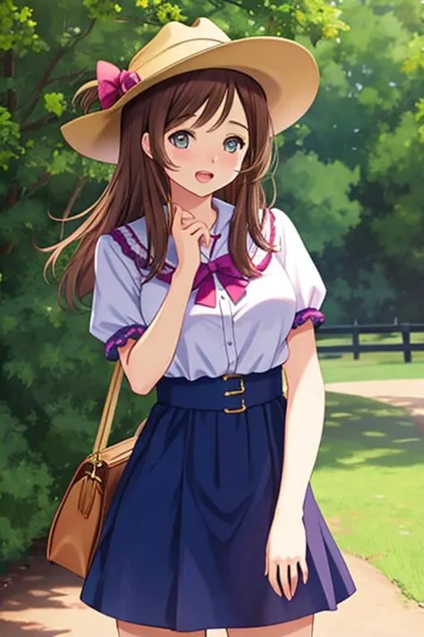 anime girl in a hat and dress standing on a path