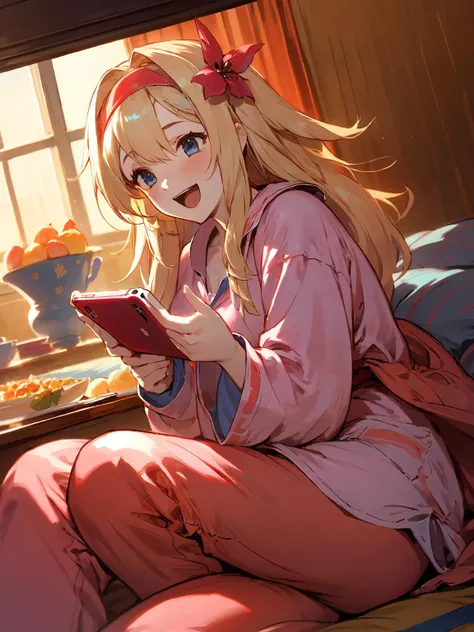 anime girl sitting on bed with cell phone in hand