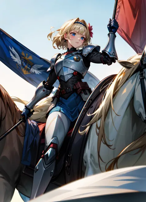 a close up of a person riding a horse with a flag