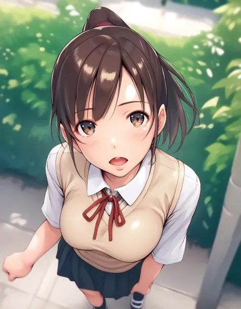 anime girl with brown hair and a white shirt and blue skirt