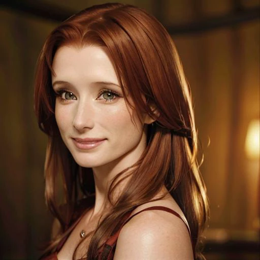 1girl, solo, ((shawneesmith)), long hair, redhead, big smile, brown eyes, looking at the viewer, beautiful, blurred background, thriller, focus on face, portrait <lora:Shawnee_Smith:1>