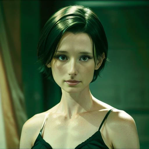 1girl, solo, ((shawneesmith)), short hair, black hair, neutral expression, looking at the viewer, beautiful, blurred background, focus on face <lora:Shawnee_Smith:1>