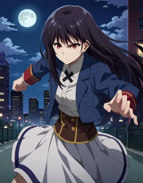 score_9, score_8_up, score_7_up, source_anime,
clairekagenou, <lora:claire-kagenou-ponyxl-lora-nochekaiser:1>,
claire kagenou, long hair, black hair, red eyes,
shirt, jacket, blazer, skirt, white skirt,
outdoors, cityscape, night, moon,
looking at viewer, ...