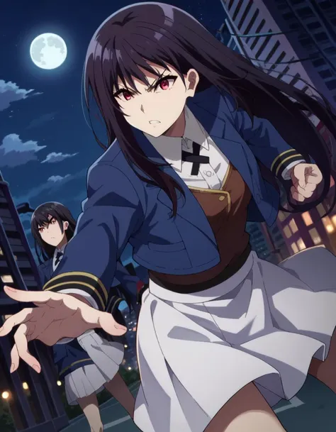 score_9, score_8_up, score_7_up, source_anime,
clairekagenou, <lora:claire-kagenou-ponyxl-lora-nochekaiser:1>,
claire kagenou, long hair, black hair, red eyes,
shirt, jacket, blazer, skirt, white skirt,
outdoors, cityscape, night, moon,
looking at viewer, ...