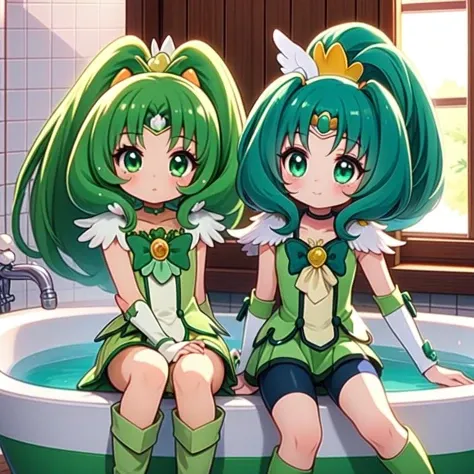 two anime girls sitting in a bathtub with green hair