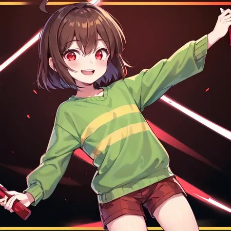 1girl,  <lora:ChumpChoo_Char_Chara:.5> Chara, red eyes, short brown hair, green sweater, yellow stripe, one stripe, striped sweater, holding a red glowing heart, smiling, black background, flat chest, brown shorts, crazy expression, crazy eyes, ahoge