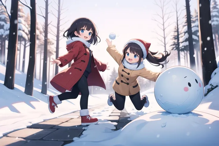 masterpiece, best quality, ultra detailed, anime style, 2girl, young, cute, doing a snowball battle, (throwing snow ball), snow walls, playing, having fun, winter clothes, coat, outdoor, snow, winter, warm colors, motion, movement, beautiful face, happy