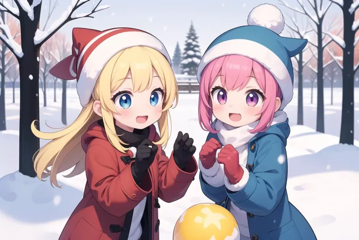 masterpiece, best quality, ultra detailed, anime style, 2girl, young, cute, snow balls, playing with snow, having fun, winter clothes, warm clothes, coat, gloves, outdoor, snow, winter, warm colors, motion, movement, beautiful face, happy