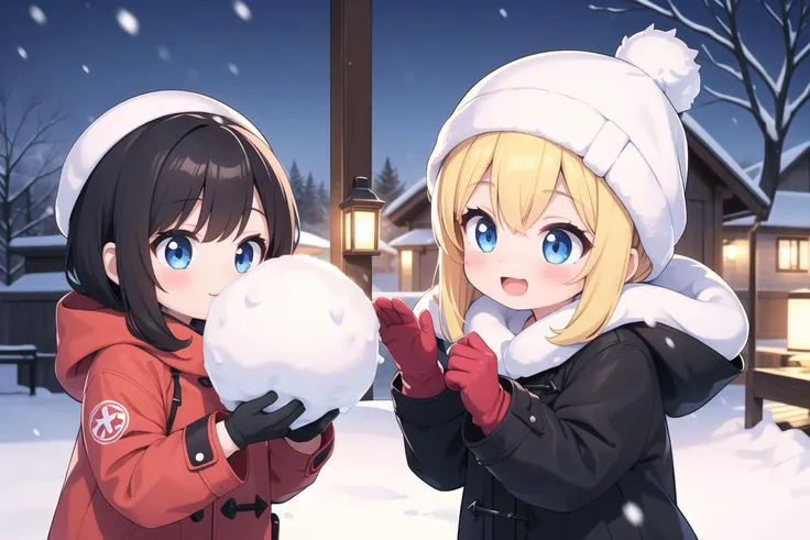 masterpiece, best quality, ultra detailed, anime style, 2girl, young, cute, snow balls, playing with snow, having fun, winter clothes, warm clothes, coat, gloves, outdoor, snow, winter, warm colors, motion, movement, beautiful face, happy