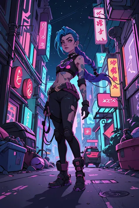 1girl,cyberpunk city,night ciry,realistic,science fiction,flat colors,<lora:lineart + flat colors v2:1>,jinx (league of legends),beautiful,(cute:1.2),<lora:JinxLol:0.8>,<lora:GoodHands-vanilla:1>,<lora:LORAFlatColor_flatColor:0.5>,