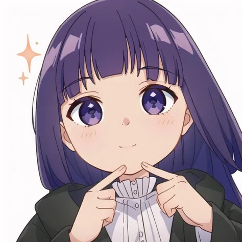 anime girl with purple hair and blue eyes pointing at her finger