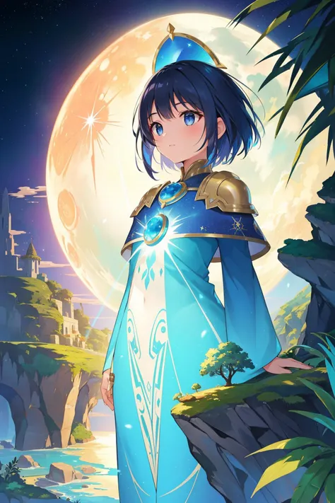 a woman in a blue dress stands in front of a full moon