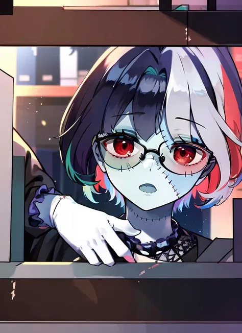 anime girl with red eyes looking out of window