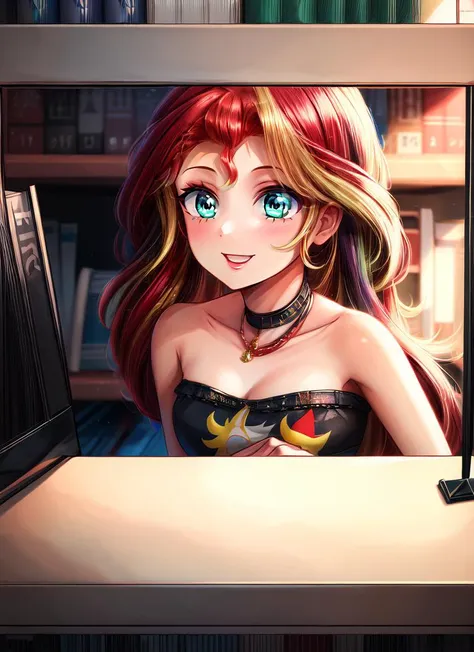 anime girl with red hair and blue eyes sitting in front of a computer