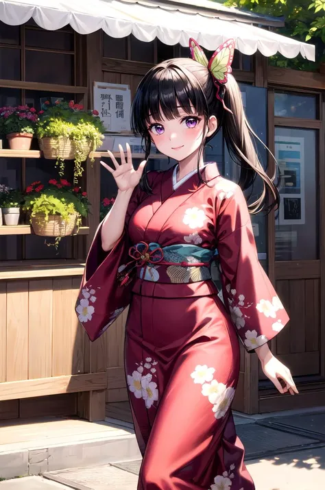 (masterpiece, best quality, detailed), 1girl, solo, looking at viewer, KanaoDef, purple eyes, black hair, long hair, blunt bangs, bangs, hair ornament, bug, butterfly, side ponytail, butterfly hair ornament,
yukata, kimono, obi, print kimono, japanese clot...