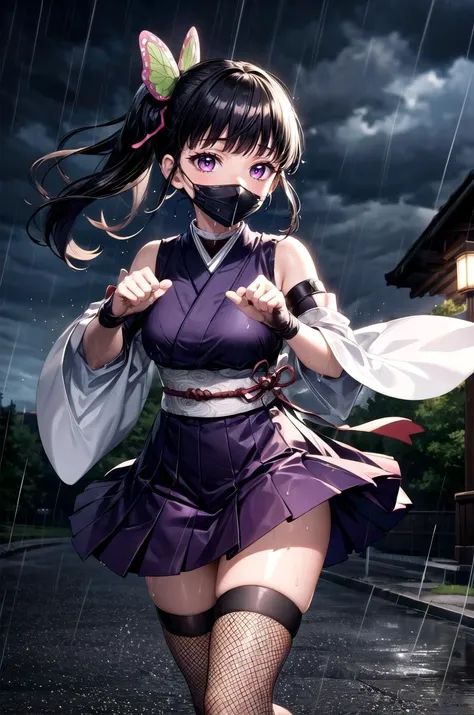 (masterpiece, best quality, detailed), 1girl, solo, looking at viewer, KanaoDef, purple eyes, black hair, long hair, blunt bangs, bangs, hair ornament, bug, butterfly, side ponytail, butterfly hair ornament,
ninja, fishnets, arm guards, japanese clothes, t...