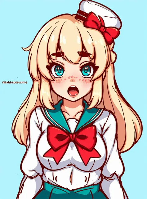 1girl, :o, aqua background, bangs, blonde hair, blue background, blue eyes, blush stickers, bow, eyebrows visible through hair, hat, long hair, looking at viewer, open mouth, red bow, sailor collar, solo, upper body
<lora:Flat_Cute_Style-000004:.9>