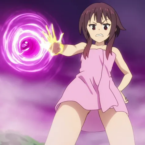 <lora:megumin:1> megumin, solo, wearing towel, pink towel,, source anime, anime coloring, anime screencap,  bare shoulders,  hot springs, shiny skin,  looking down, from below,  frontal view,  <lora:sdxl_casting_spell:1>, casting spell with one hand, energ...