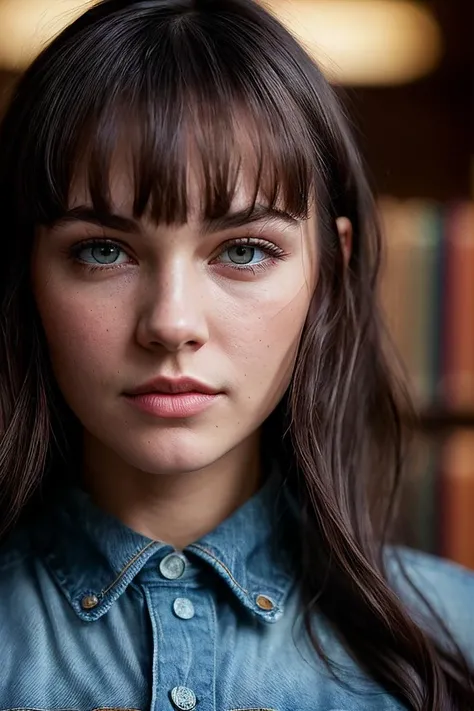 beautiful woman (S0ph13Sk3lt0n:.99), (( Soft, wispy bangs :1.2))  , ruby jewellery, ((portrait)), (closeup:1.2), ((from the waist up)), ((( haunted library :1.2 ))), natural skin texture,  ((  Denim dress :1.2)), 24mm, 4k textures, soft cinematic light, ad...