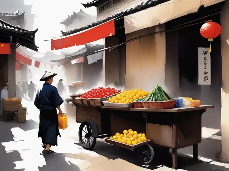 Chinese splash_Ink paintings, street vendors 50sm high noon Digital painting, concept art