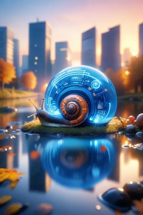 1 snail,A blue electronic components shell,mini city in the shell,pond,real-semiconductor,(haze lighting:1.2),sunset,autumn,(4k:1.1),(uhd:1.1),masterpiece,8k,Best quality.,ral-exposure,<lora:ral-exposure-sdxl:0.8>,