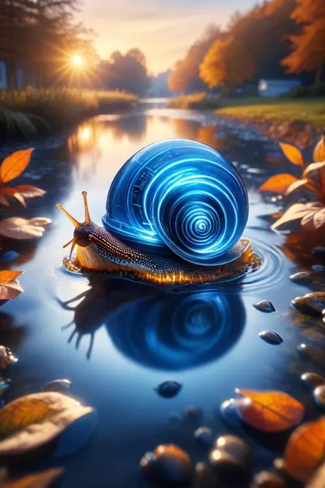 1 snail,A blue  electronic components shell,pond,real-semiconductor,(haze lighting:1.2),sunset,autumn,(4k:1.1),(uhd:1.1),masterpiece,8k,Best quality.,ral-exposure,<lora:ral-exposure-sdxl:1>,