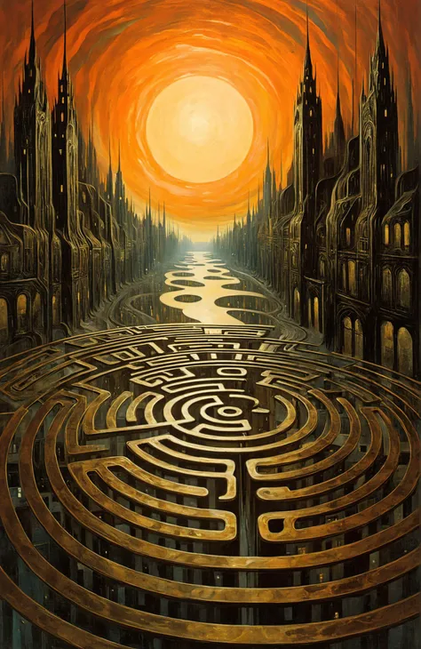 a painting of a maze with a sunset in the background