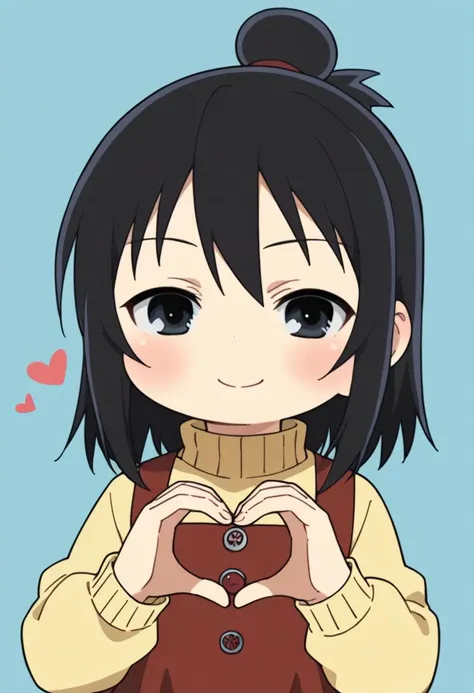 a girl with black hair and a brown vest holding a chocolate bar