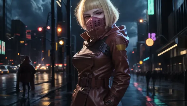 cpkiwi, highres, highest quallity, illustration, ultra detailed, (detailed face), (detailed eyes), soft lighting, best quality, hyper detailed, masterpiece, 1girl, solo, short hair, blonde hair, red eyes, mask, red coat, coat, red pants, belt, luminous eye...