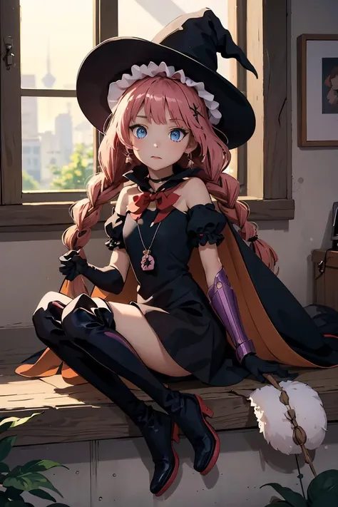 (masterpiece, best quality), 1girl,  <lora:topspeed-nvwls-v1:1> topspd, twin braids, witch hat, necklace, black dress, black cape, bow, elbow gloves, thigh boots