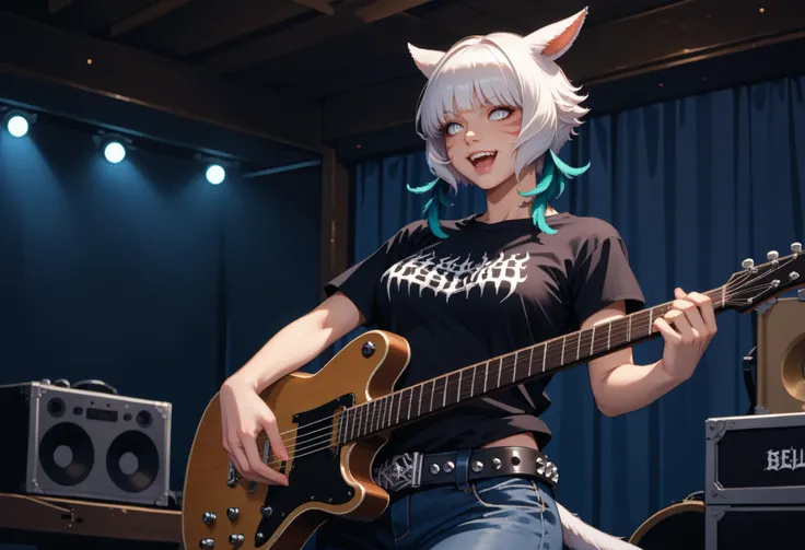 there is a woman with a cat ears playing a guitar