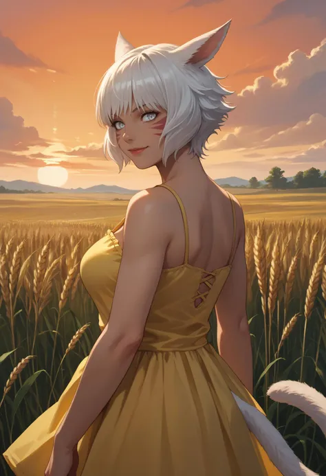 a woman in a yellow dress standing in a field with a cat