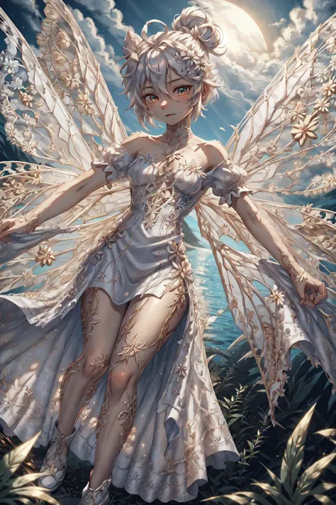 a woman in a white dress with wings standing in the grass