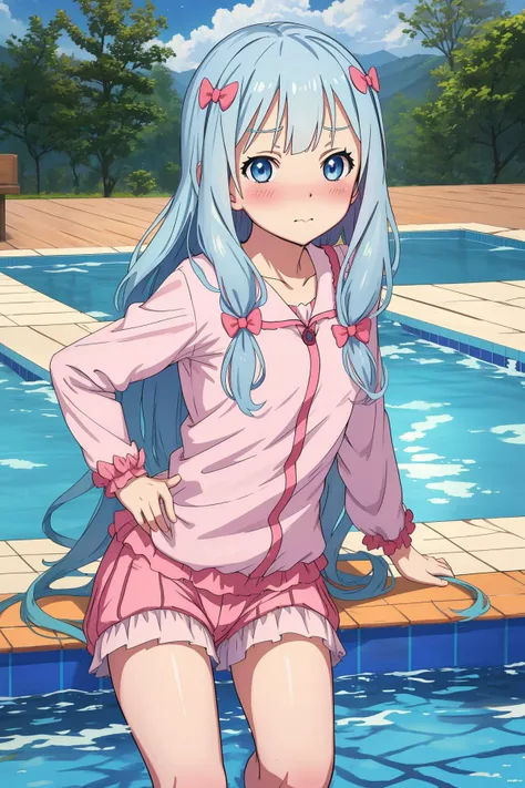 anime girl in pink dress standing by a pool with a backpack