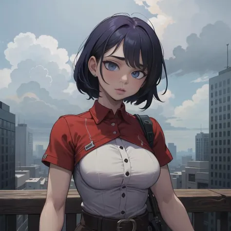 anime girl with a red shirt and black pants standing on a balcony