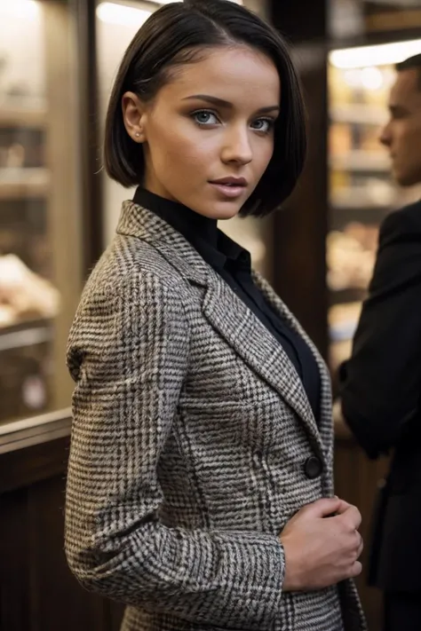 photo of K4th14N0b1l1_HM-137, a woman, perfect hair, (modern photo), wearing tweed coat, blouse, long skirt, 85mm standard (analog, cinematic, film grain:1.3), Interstellar Trading Post, Marketplace with exotic goods, alien species, and diverse intergalact...