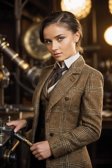 photo of K4th14N0b1l1_HM-137, a woman, perfect hair, (modern photo), wearing tweed coat, blouse, khaki pants, 200mm short telephoto (analog, cinematic, film grain:1.3), Steampunk Workshop, Victorian workshop with gears, steam machinery, brass fittings, and...