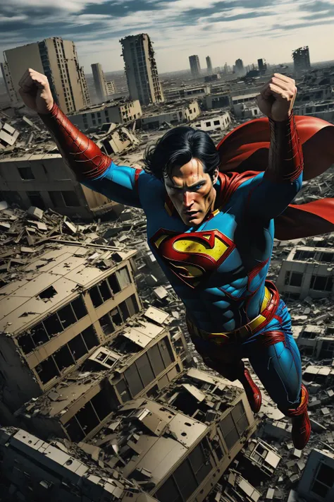 fantchar, damaged superman flying over a post-apocalyptic city, battle zone, ruins, torn costume, motion blur, realistic, highly detailed, intricate