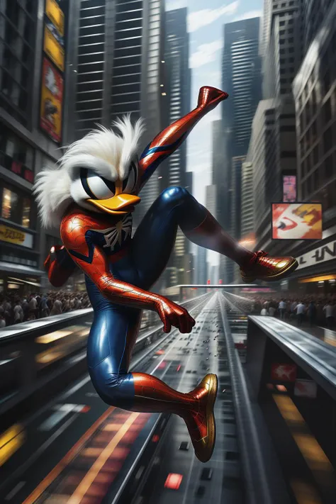 fantchar, a donald duck spiderman swinging on a web through a busy city, realistic, highly detailed, intricate, motion blur