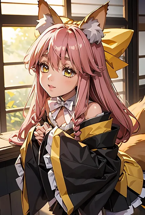 (masterpiece, best quality), 1girl, <lora:aria_scarxzys:0.8> aria, yellow eyes, pink hair, very long hair, fox ears, fox tail, hair bow, yellow bow, japanese clothes, off shoulder, white bow collar, short kimono, yellow kimono, black sash, long sleeves, wi...